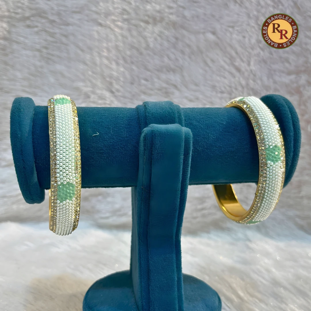 Brass Meenakari Crystal Kada Set of 2 | White Green Floral Work | Wholesale Supplier