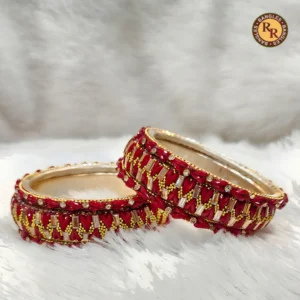 Red Chillai Gold Zari Chevron Chudi Set