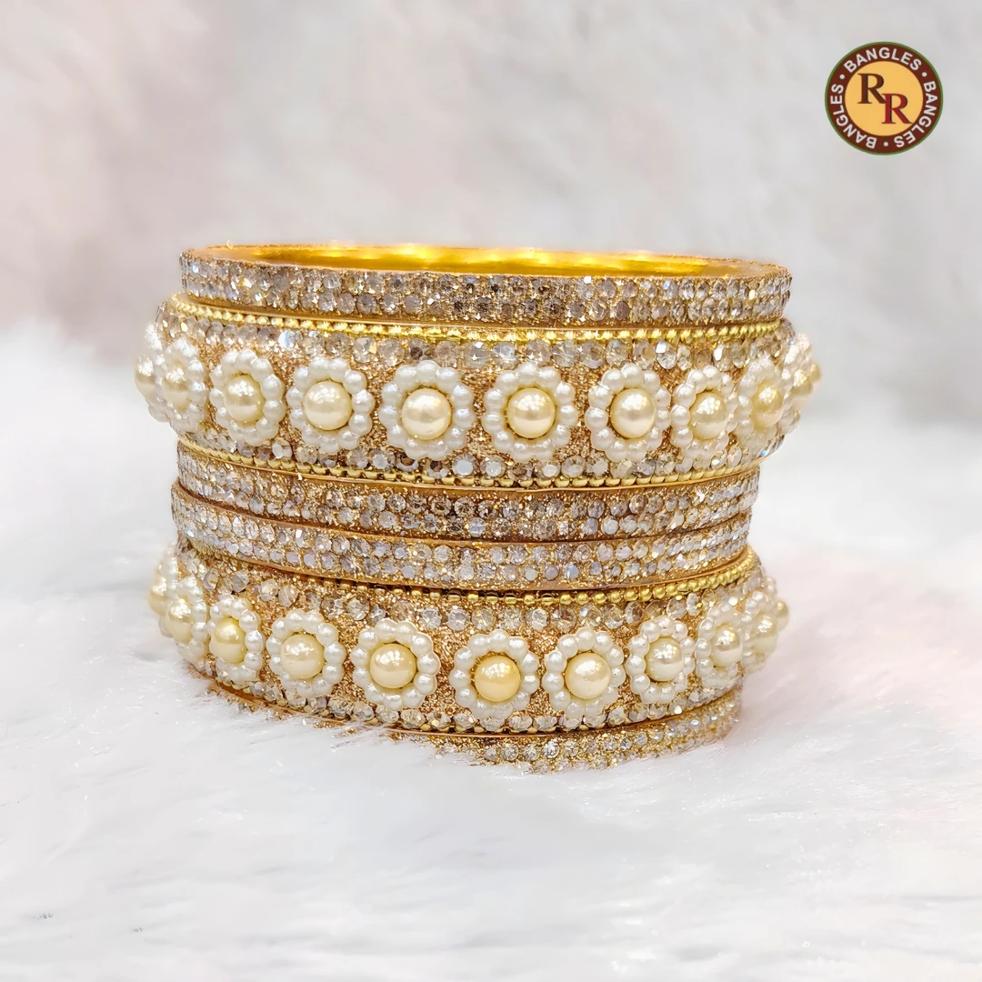 Pearl Floral Gold Finish Metal Bangles