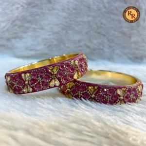 Brass Ruby Stone Kundan Kada Set of 2 | Pink Floral Gold Work | Wholesale Supplier