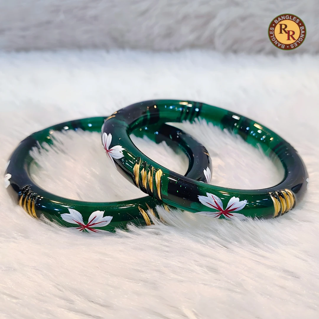 Green Floral Hand-Painted Crystal Bangles Set