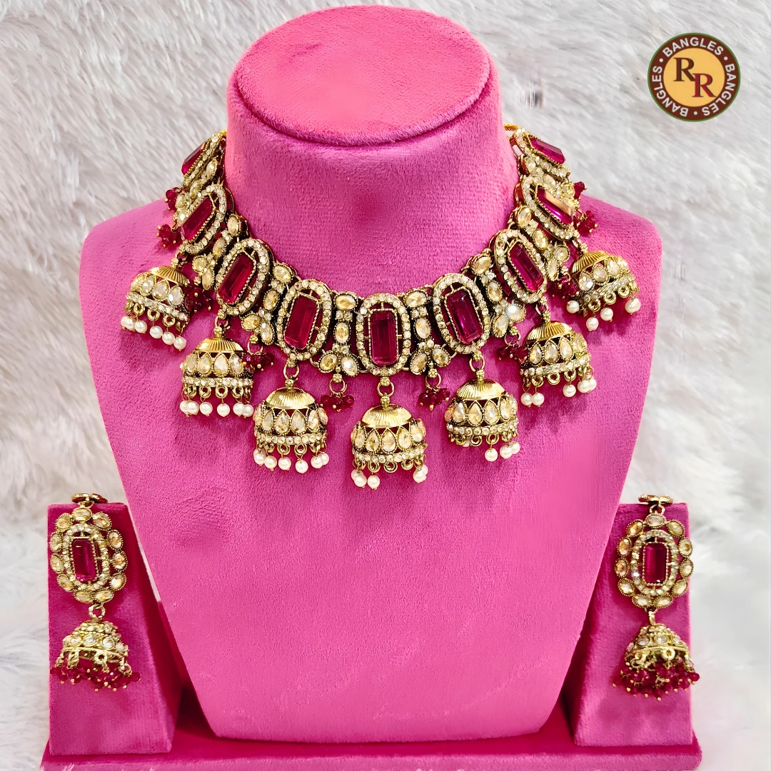 Red Stone Kundan Bridal Jewellery Set with Jhumka Drops