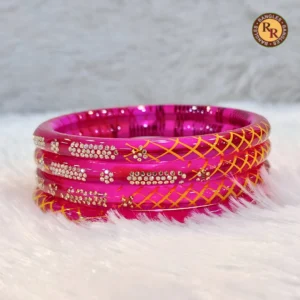 Hot Pink Crystal Bangles Set with Golden Lattice & Stone Work