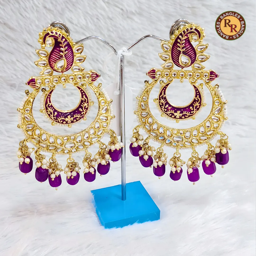 Meenakari Chandbali Earrings with Purple Beads