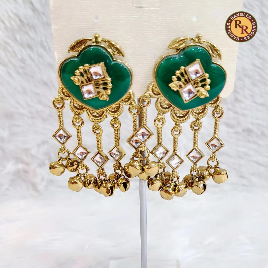 Green Meenakari Heart Kundan Ghungroo Tassel Earrings