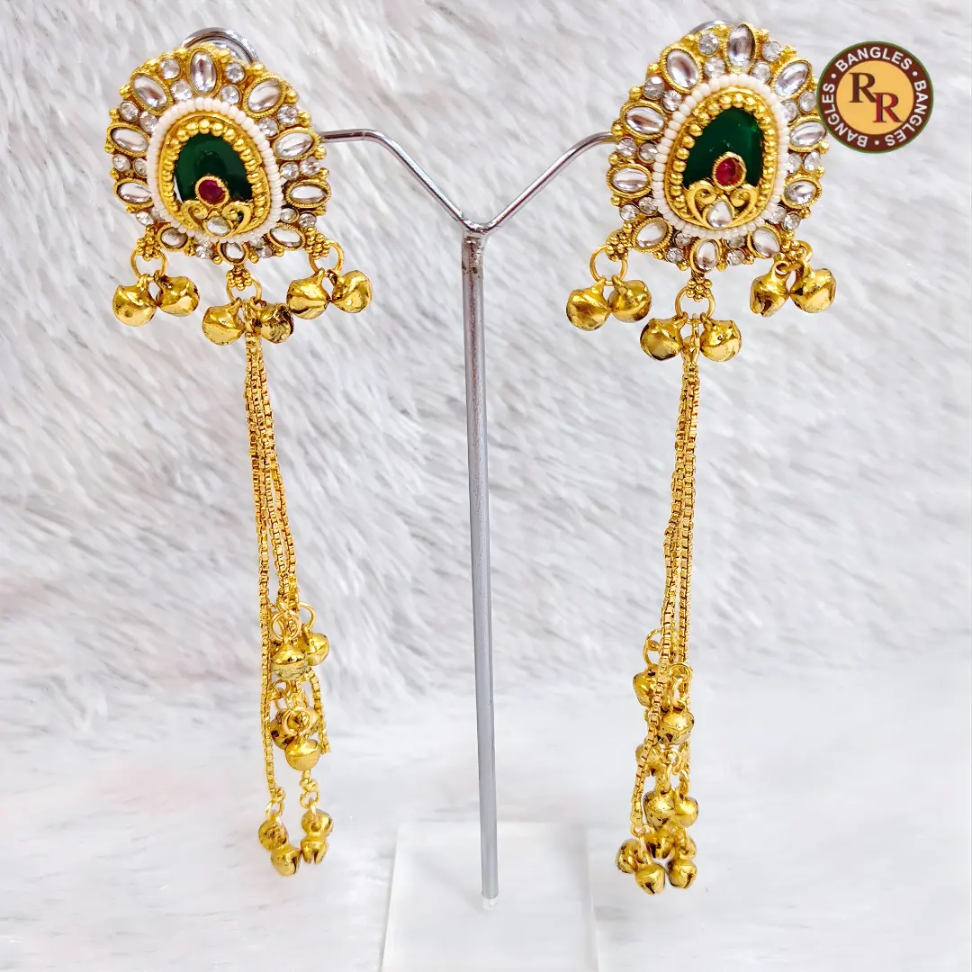Antique Gold Kundan Green Meenakari Earrings