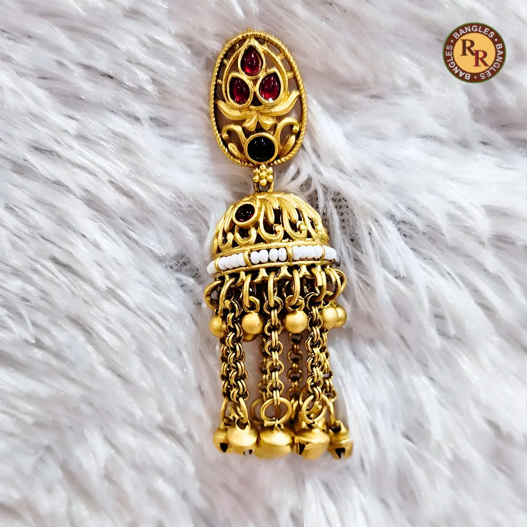 Antique Gold Ruby Black Stone Filigree Jhumka Earrings