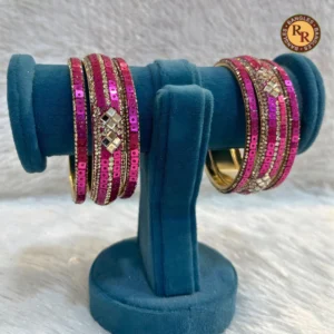 Brass Magenta Mirror Work Stacked Bangle Set