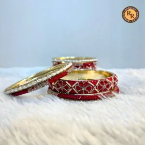 Brass Red Meenakari Crystal Bangle Set | Gold Border Geometric Work | Wholesale Supplier