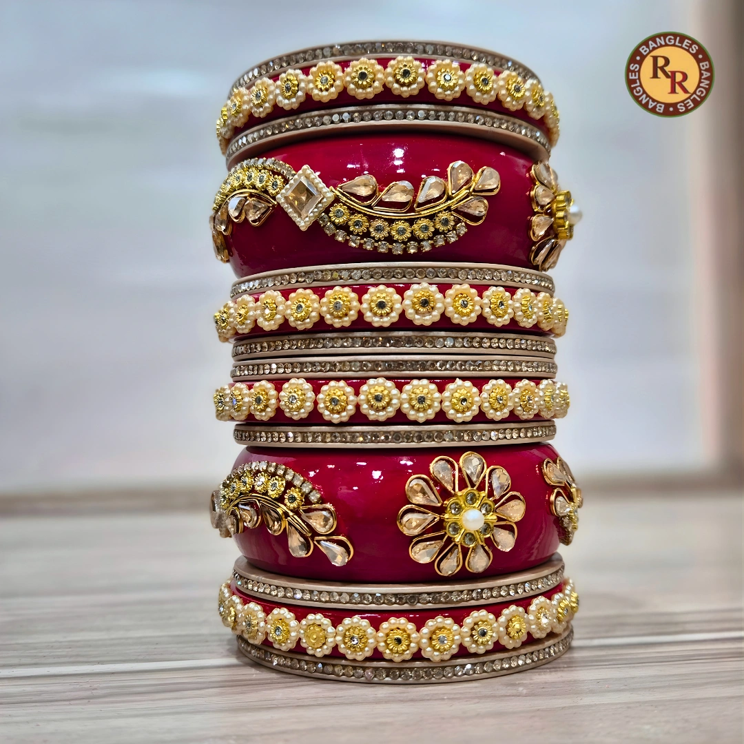 Red Lac Bridal Chura Set | Heavy Gold Kundan Floral Pearl Work | Wholesale Supplier - Image 2