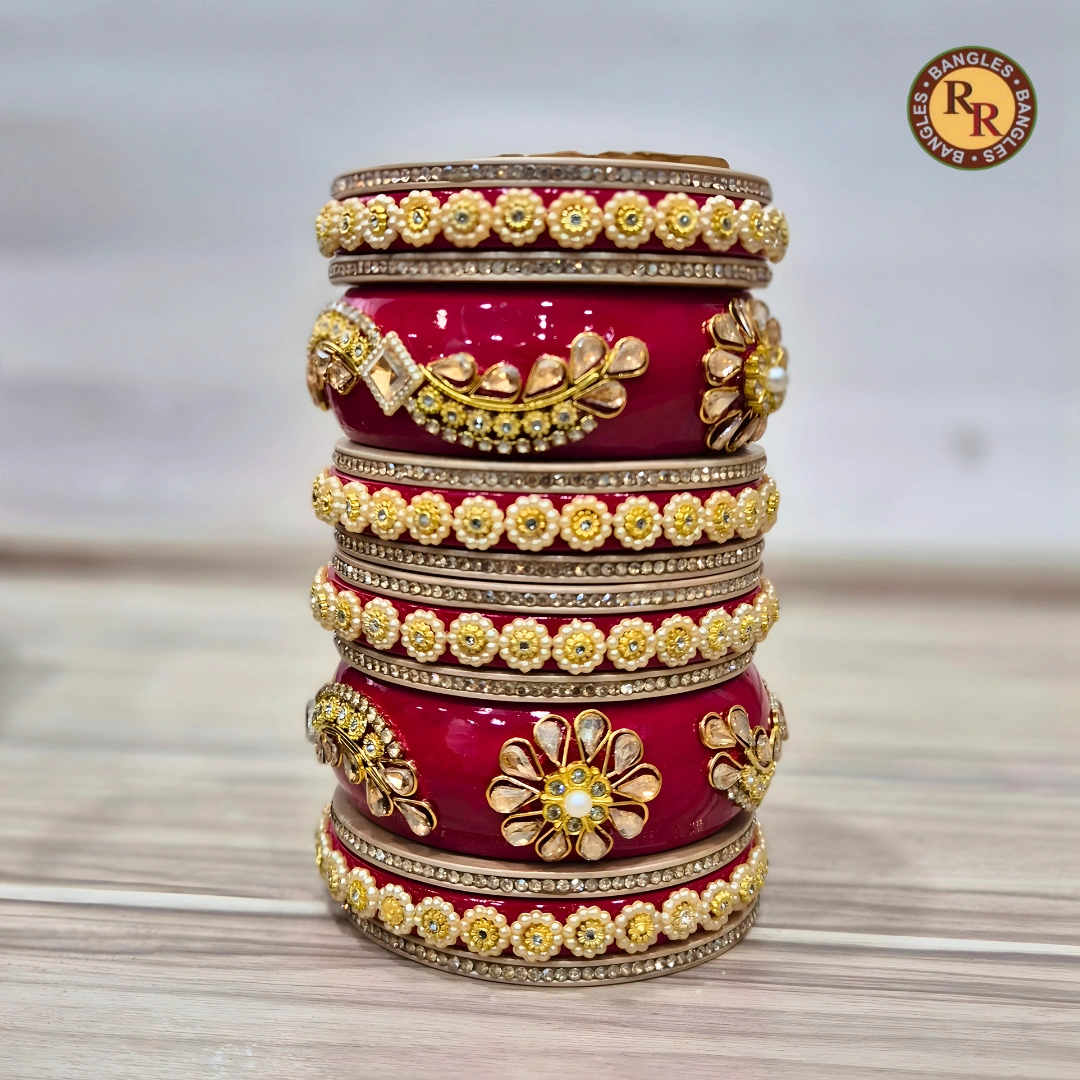 Red Lac Bridal Chura Set | Heavy Gold Kundan Floral Pearl Work | Wholesale Supplier - Image 3