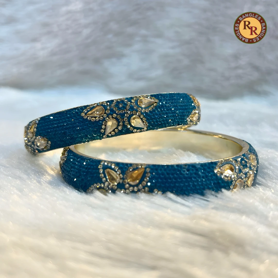 Brass Kundan Kada Set of 2 | Peacock Blue Glitter Finish | Wholesale Supplier