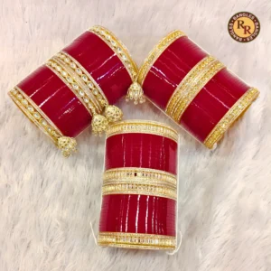 Red Pearl & Rhinestone Border Punjabi Bridal Chura Set