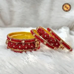 Red Silk Thread Boss Bangle Set | Gold Kundan Floral Pearl Work | Wholesale Supplier
