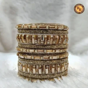 Champagne Silk Thread Boss Chudi Set of 10 | Gold Crystal Geometric Zari Work | Wholesale Supplier Jaipur