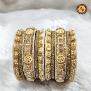 Ivory Silk Thread Boss Bangle Set | Antique Gold Kundan Square Mirror Medallion Work | New Arrival Wholesale Jaipur