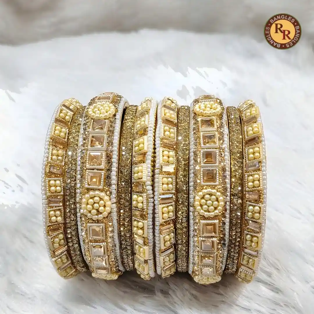 Ivory Silk Thread Boss Bangle Set | Antique Gold Kundan Square Mirror Medallion Work | New Arrival Wholesale Jaipur