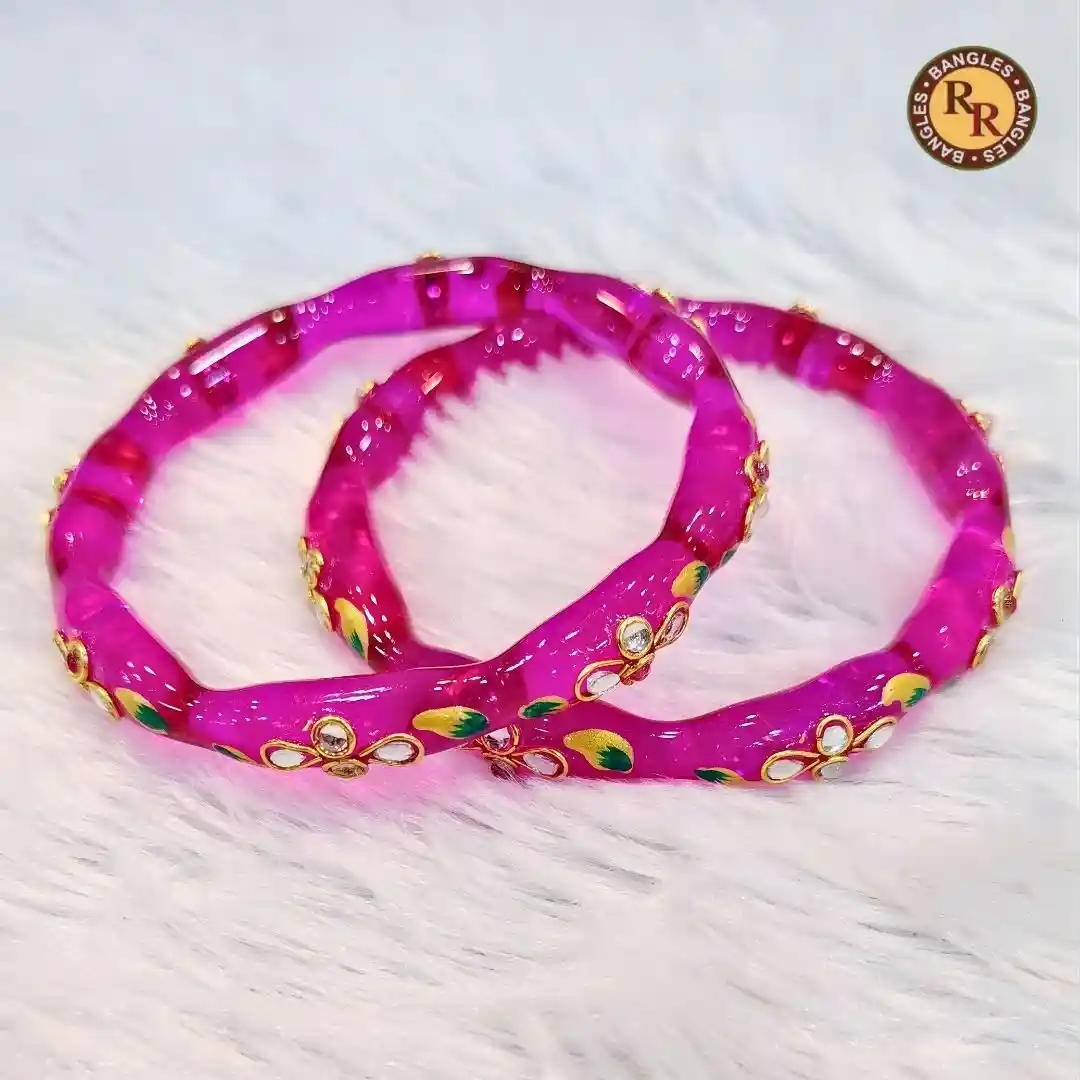 Rani Pink Glass Crystal Bangle Set | Kundan Embellished Traditional Glass Bangles | Festive & Bridal Wear Wholesale Bangles