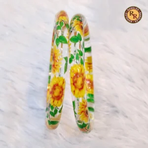 transparent-glass-bangles-yellow-sunflower-green-leaf-hand-printed-design-wholesale-supplier-jaipur
