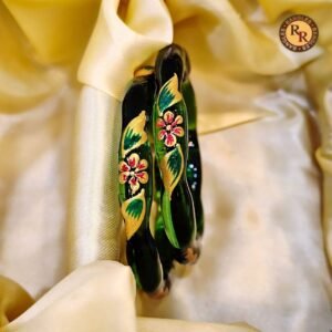 Forest Green Glass Bangles | Gold Leaf Pink Floral Hand Painted Meenakari Design | Wholesale Supplier Jaipur