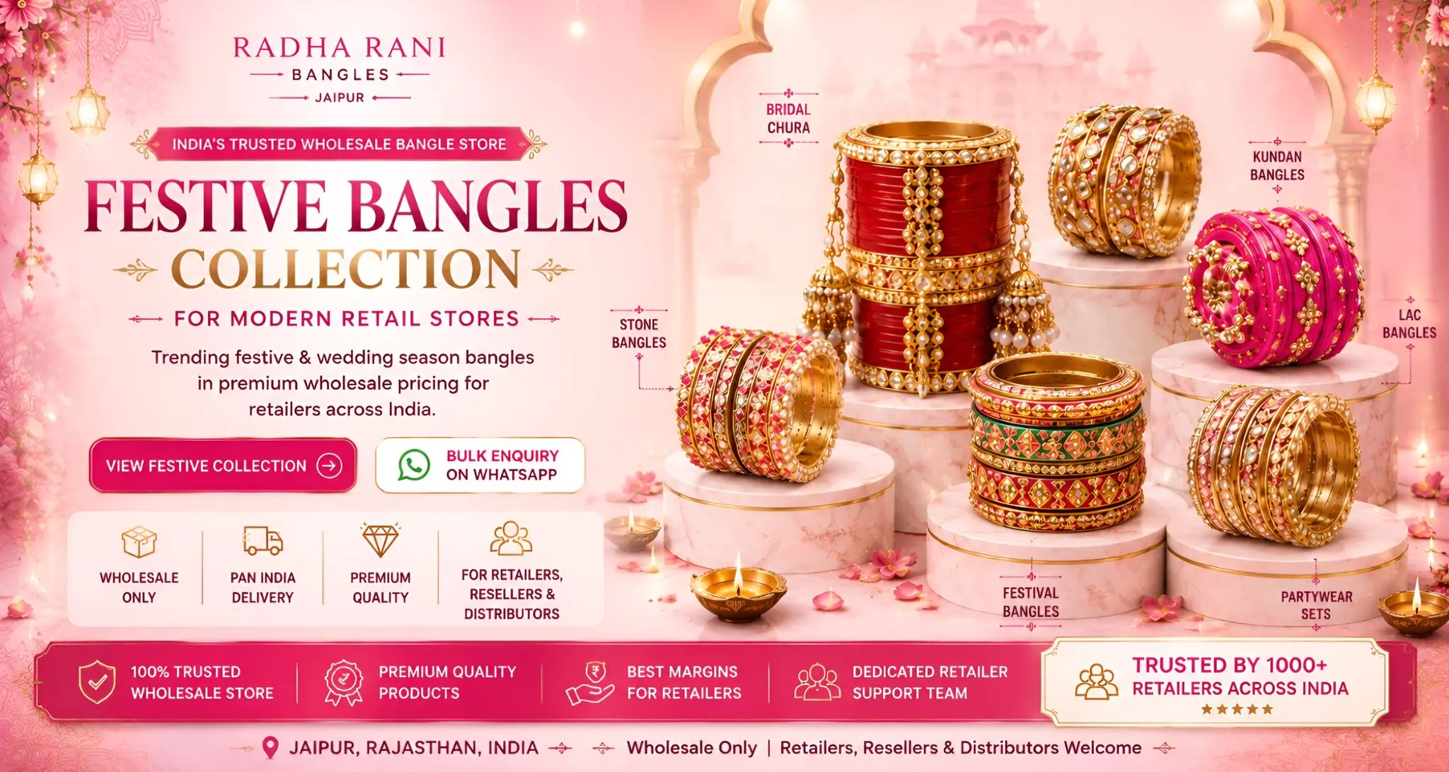 Festive wholesale bangles collection with bridal chura, lac and meenakari bangles for jewellery retailers in India