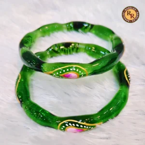 emerald-green-wavy-glass-bangle-set-hand-painted-pink-lotus-gold-arc-pearl-dot-interior-best-selling-designer-glass-bangles-festive-ethnic-wear-wholesale-bangles