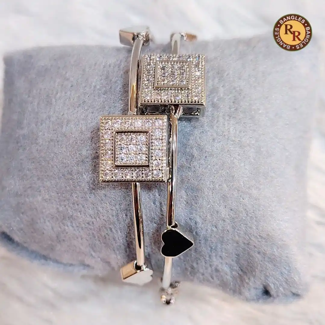 Silver CZ Diamond Square Pendant Bracelet | Micro Pave CZ Square & Hanging Heart Charm Contemporary Bracelet | Gifting & Everyday Wear Wholesale Bracelets