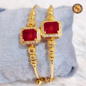 gold-tone-ruby-square-stone-cz-halo-bracelet-set-of-2-textured-bead-chain-wholesale-supplier-jaipur