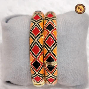 orange-meenakari-bangle-set-red-black-overlapping-diamond-geometric-pattern-gold-base-traditional-jaipur-meenakari-bangles-festive-ethnic-wear-wholesale-bangles