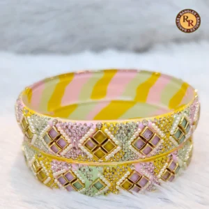 Yellow Pink Striped Lac Bangle Set