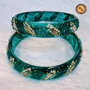 emerald-teal-glass-bangle-set-of-2-crystal-leaf-motif-teal-seed-bead-gold-accent-wholesale-supplier-jaipur