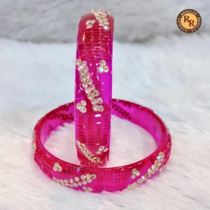 hot-pink-transparent-glass-bangle-set-of-2-scattered-crystal-flower-cluster-ribbed-texture-wholesale-supplier-jaipur