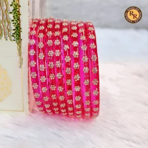 hot-pink-transparent-glass-bangle-set-of-8-silver-crystal-daisy-flower-cluster-wholesale-supplier-jaipur