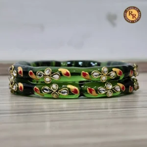 Dark Green Glass Crystal Bangle Set | Kundan & Meenakari Floral Glass Bangles | Bridal & Festive Wear Wholesale Bangles