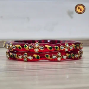 Deep Red Glass Crystal Bangle Set | Kundan & Green Meenakari Bridal Glass Bangles | Wedding & Festive Wear Wholesale Bangles