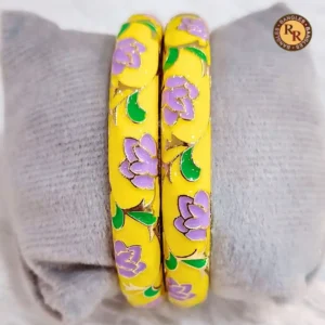 Bright Yellow Meenakari Bangle Set | Lavender Purple Floral & Green Leaf Enamel Work Traditional Jaipur Meenakari Bangles | Festive & Haldi Wear Wholesale Bangles