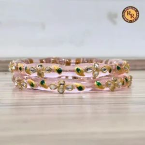 Blush Pink Glass Crystal Bangle Set | Kundan & Green Meenakari Delicate Glass Bangles | Bridal & Wedding Wear Wholesale Bangles
