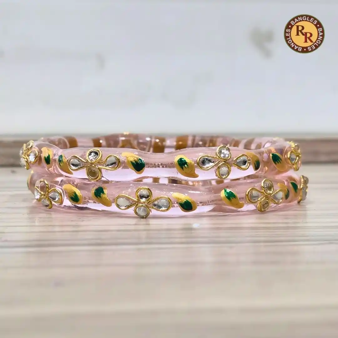 Blush Pink Glass Crystal Bangle Set | Kundan & Green Meenakari Delicate Glass Bangles | Bridal & Wedding Wear Wholesale Bangles