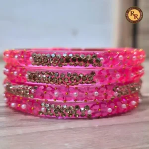 Pink Borosil Bangle Set | Diamond & Pearl Embellished Glitter Glass Bangles | Festive & Casual Wear Wholesale Bangles