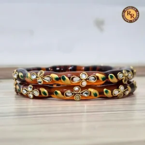 Amber Brown Glass Crystal Bangle Set | Kundan & Green Meenakari Ethnic Glass Bangles | Festive & Traditional Wear Wholesale Bangles