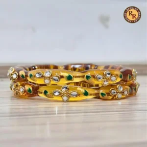 Golden Yellow Glass Crystal Bangle Set | Kundan & Green Meenakari Traditional Glass Bangles | Festive & Haldi Ceremony Wholesale Bangles