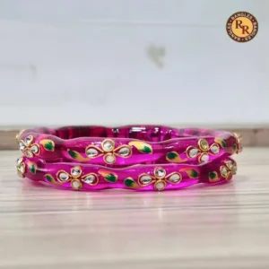 Rani Pink Glass Crystal Bangle Set | Kundan Embellished Traditional Glass Bangles | Festive & Bridal Wear Wholesale Bangles