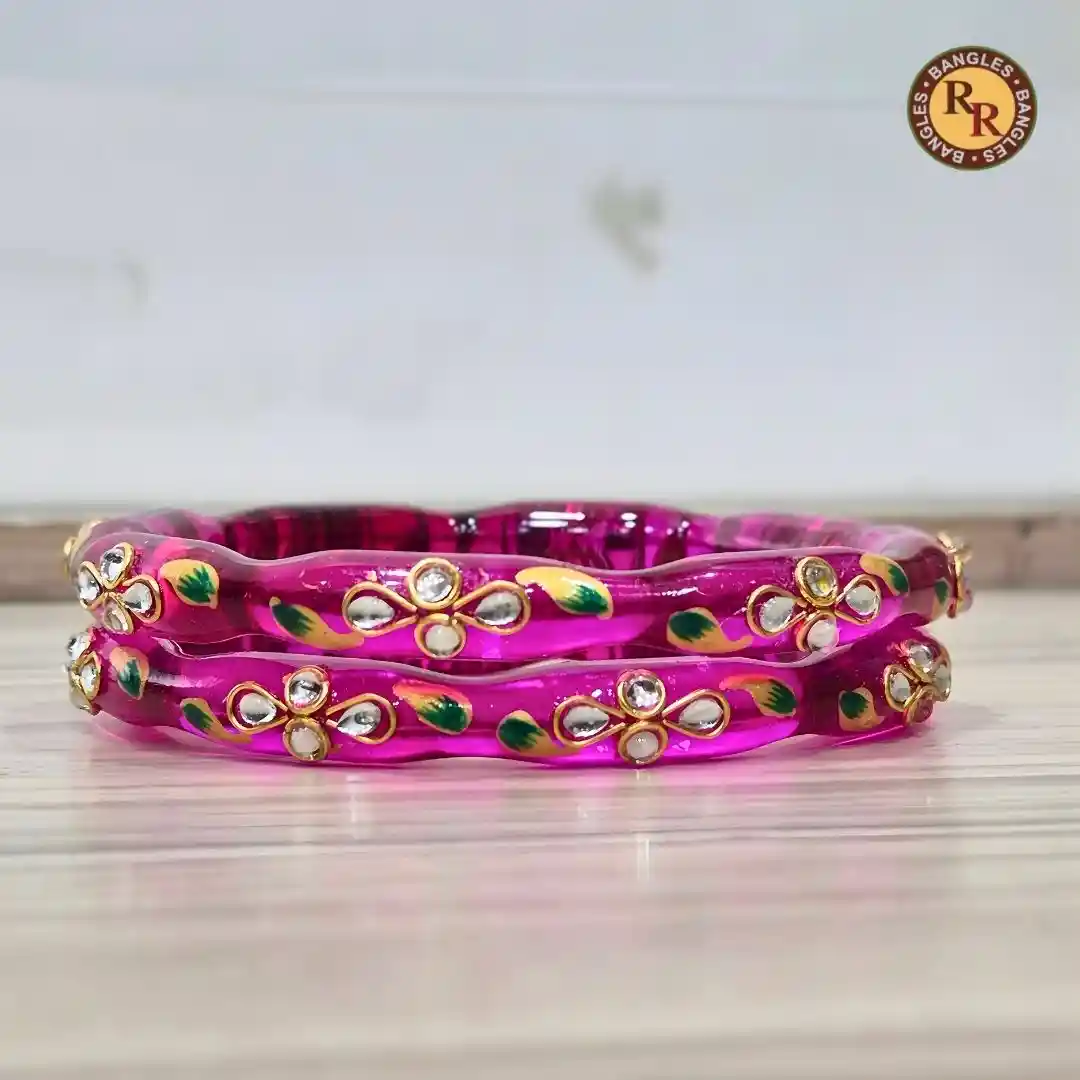 Rani Pink Glass Crystal Bangle Set | Kundan Embellished Traditional Glass Bangles | Festive & Bridal Wear Wholesale Bangles