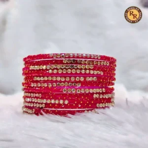 Red Glass Bangle Full Set | Gold Rhinestone Strip Embellished Traditional Glass Bangles | Festive & Everyday Ethnic Wear Wholesale Bangles