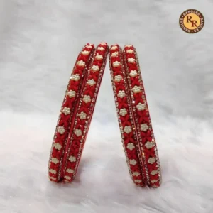 Red Glass Bangle Set | White Pearl Floral & Rhinestone Border Embellished Traditional Glass Bangles | Bridal & Festive Wear Wholesale Bangles