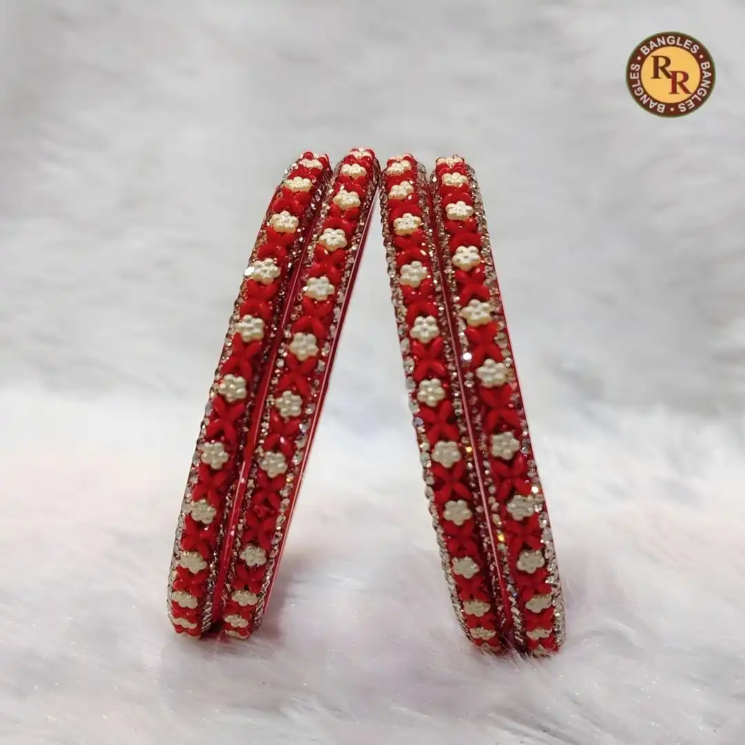 Red Glass Bangle Set | White Pearl Floral & Rhinestone Border Embellished Traditional Glass Bangles | Bridal & Festive Wear Wholesale Bangles