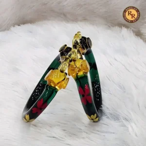 Dark Green Hand Painted Glass Bangle Set | Golden Jhumka Drop Floral Painted Traditional Glass Bangles | Bridal & Festive Wear Wholesale Bangles