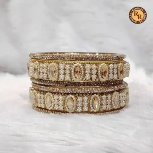 Antique Gold Glass Bangle Set | Oval Stone & Pearl Border Embellished Vintage Bridal Glass Bangles | Wedding & Festive Wear Wholesale Bangles