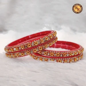 Red Glass Bangle Set | Golden Flower Cluster & Rhinestone Border Embellished Traditional Glass Bangles | Festive & Bridal Wear Wholesale Bangles