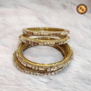 Champagne Gold Glass Bangle Full Set | Pearl Square Stone & Rhinestone Embellished Luxury Bridal Glass Bangles | Wedding & Festive Wear Wholesale Bangles